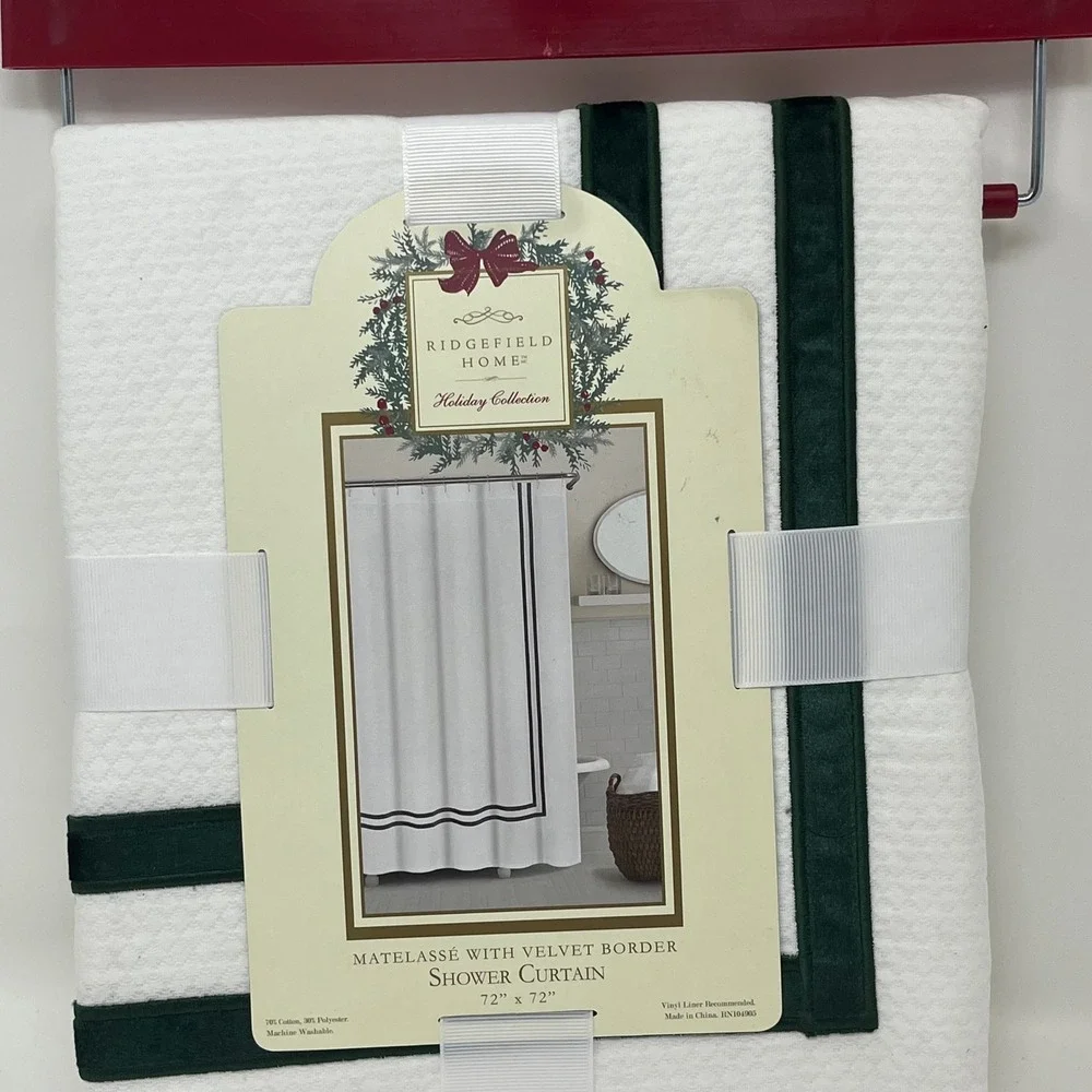 Ridgefield Home Matelasse Rich Green Velvet Border Fabric Shower Curtain Luxury